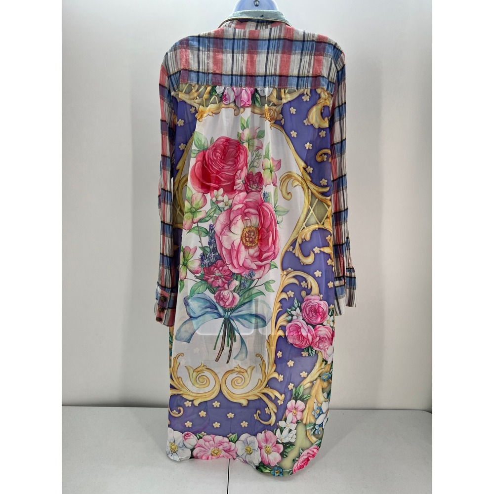 Aratta Silent Journey XL Plaid Floral Mixed Media Shirt Dress Velvet Collar - Picture 2 of 13